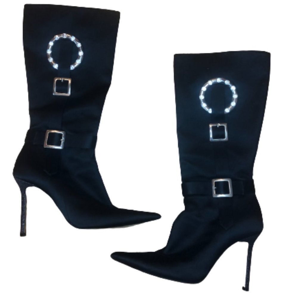 Christian Lacroix Black Satin High Heel Boots with Bling Buckles- Size 36